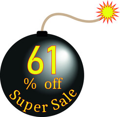 bomb 61 percent off black. discount banner. Super sale 61% off, banner for promotions, discounts, special offers, black friday, vector image.