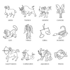 Zodiac symbols set. Sketch style Zodiac signs. Hand drawn astrological signs. Vector illustrations isolated on white background.