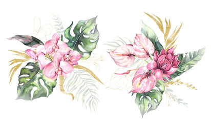 Watercolor summer invitations bouquets with hand painted tropical dried palm leaves, branches of green leaves, pink flowers. Romantic floral bouquet perfect for wedding greeting cards, invitation