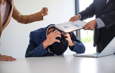 Angry boss  Bullying with an out of control boss shouting to a stressed employee. Anger issues and...