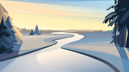 Beautiful Winter Scenery Frozen River Sunset