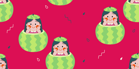 Seamless vector pattern with Watermelon Day theme. Background with cute girl in watermelon. Kids pattern for textile, clothes, wallpaper, gift paper, etc.