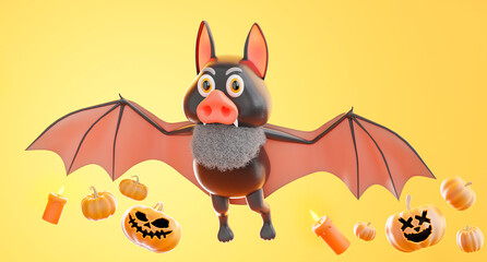 bat flying with halloween concept,pumpkin,candle on orange background