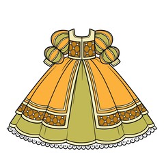 Yellow and green ball gown with lush skirt and sleeves for princess outfit color variation for coloring page isolated on white background