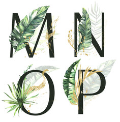 Tropical green and gold floral Alphabet collection - letters M, N, O, P with green and gold tropical leaves. Tropical Set for wedding invitations and decoration. High quality illustration