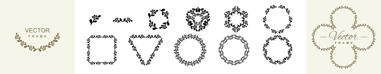 Set of elegant floral frames. Vintage plant wreaths with branches and leaves. Decorative elements for design. Vector illustration isolated on white background