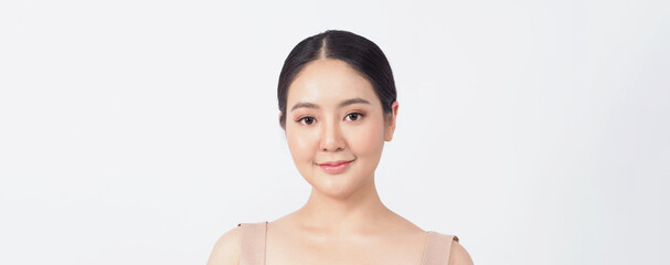 Beauty and skin concept. Young asian woman beauty face make up for skincare cosmetic and showing natural wellness soft and firm and ageless facial skin. younger looking youthful. real acne no retouch.