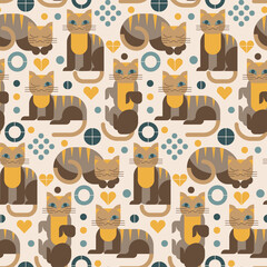 Fototapeta na wymiar Colored Abstract geometric vector seamless pattern. Cubism character cats. Cute kitten. Fashion modern style. Endless fabric print. 