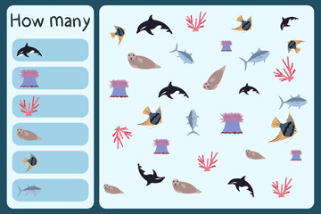 Kids mathematical mini game - count how many sea animals - killer whale, anemone, coral, seal, scalar, tuna. Educational games for children. Cartoon design template on colorful backdrop.