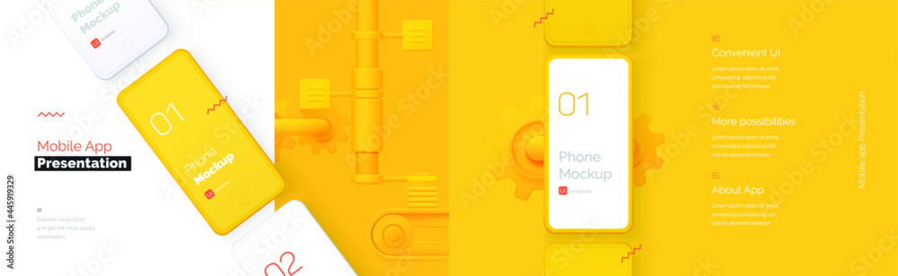 Poster modern presentation of a mobile application. mobile phone mockup on a yellow background with a descr