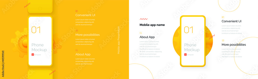 Wall mural modern presentation of a mobile application. mobile phone mockup on a yellow background with a descr