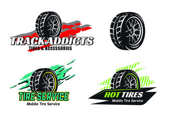 Set of tire shop logo design. Mobile tire repair badges. Logo for tyre storage company. - obrazy, fototapety, plakaty