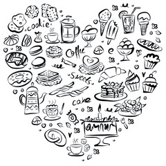 Set of doodle sweets food on white background. Vector. Cakes, biscuits, baking, cookie, donut, ice cream, macaroons, coffee. Perfect for dessert menu or design. Heart composition.