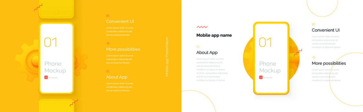 Modern presentation of a mobile application. Mobile phone mockup on a yellow background with a description of the mobile application. Modern illustration 3D style.