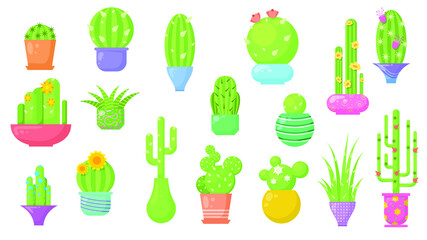 Set Abstract Collection Flat Cartoon  Different Color Cactus In Pots Indoor Garden Houseplants Flora Concept Vector Design Style Elements With Shadows