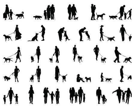 Black silhouettes of people with dog on a white background	