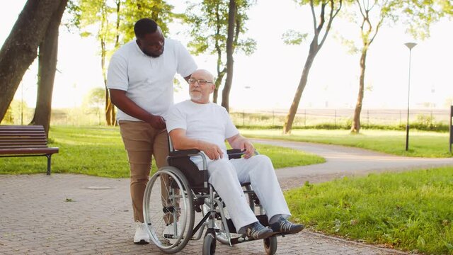 African-American caregiver and old disabled man in a wheelchair. Professional nurse and handicapped patient in the park. Assistance, rehabilitation and health care.