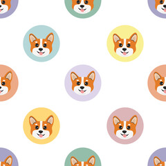 Seamless pattern with head corgi in colorful circles. Cartoon design animal character flat vector style. Baby texture for fabric, wrapping, textile, wallpaper, clothing. Funny little doggy.