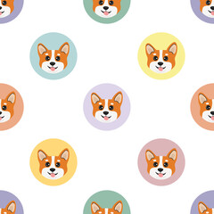 Fototapeta premium Seamless pattern with head corgi in colorful circles. Cartoon design animal character flat vector style. Baby texture for fabric, wrapping, textile, wallpaper, clothing. Funny little doggy.