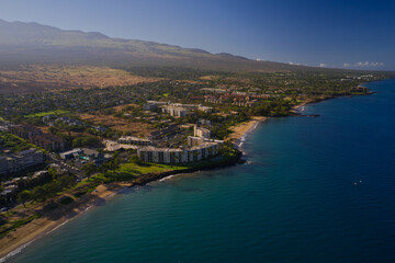 Fototapeta na wymiar A aerial high definition photo of a beach near the town of Kihei on the island of Maui.