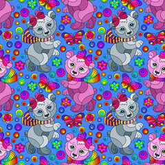 Seamless pattern with cute bears, butterflies and flowers, colorful animals on a blue background