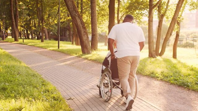 African-American caregiver and old disabled man in a wheelchair. Professional nurse and handicapped patient in the park. Assistance, rehabilitation and health care. Golden hour sunset.