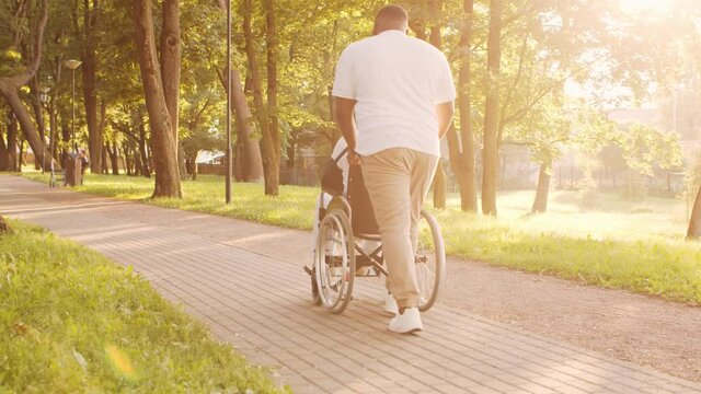 African-American caregiver and old disabled man in a wheelchair. Professional nurse and handicapped patient in the park. Assistance, rehabilitation and health care. Golden hour sunset.