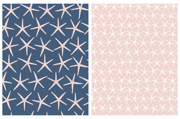 Abstract Seamless Vector Patterns with Irregular Hand Drawn Little Starfishes Isolated on a Dark Blue and Pastel Pink Background. Infantile Style Galaxy Print. Simple Starry Sky. 