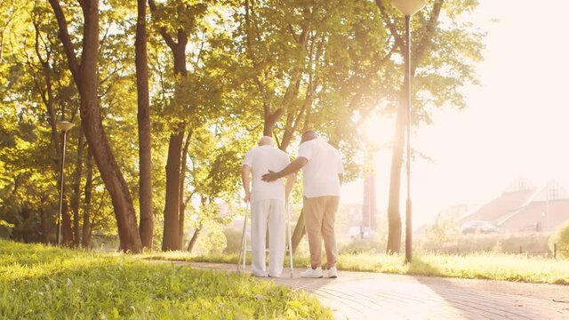 African-American caregiver is teaching disabled old man to walk with walker. Professional nurse and handicapped patient in the park. Assistance, rehabilitation and health care. Golden hour sunset.