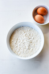 Baking Cooking Ingredients Flour Egg. Top View Copy Space. Cookies Pie Or Cake Recipe