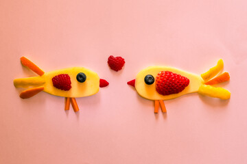 food creative ideas, birds on tree limb, image, full of vitamins, made from fruits and vegetables, breakfast for children