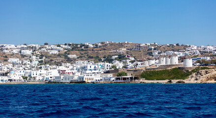 Traditional windmills, Mykonos island landmark, Cyclades Greece
