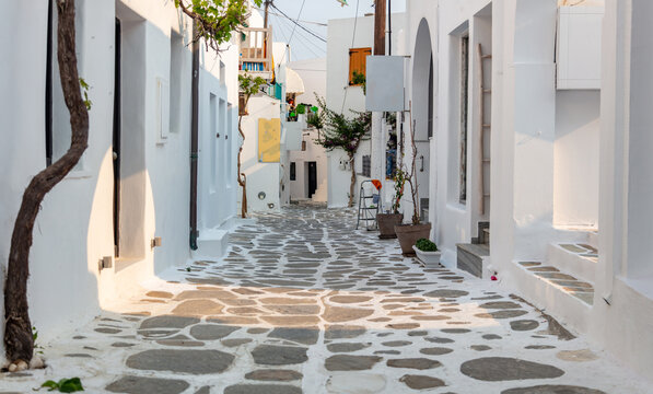 Paros island, Greece. Whitewashed buildings, narrow cobblestone streets