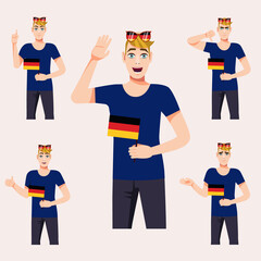 A gorgeous man with a German flag. A set of fan emotions. Vector illustration on cartoon style.