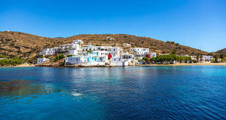 Sifnos island, Faros village, Cyclades Greece. Blue sky turquoise sea sandy beach.