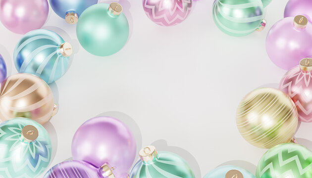 Christmas or New Year holidays banner background with baubles or ornaments, copy space, 3d render
