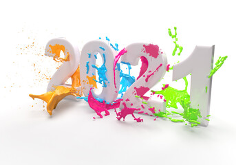 Paint 2021 new year holiday number in splash of colorful painting on a white background.