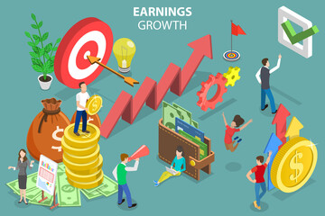 3D Isometric Flat Vector Conceptual Illustration of Earnings Growth, Investment Management