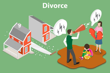 Naklejka premium 3D Isometric Flat Vector Conceptual Illustration of Emotional and Aggressive Divorce, Broken Family Relationship