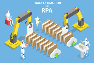 3D Isometric Flat Vector Conceptual Illustration of Data Extraction with RPA, Robotic Process Automation, Artificial Intelligence