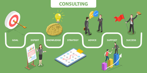 3D Isometric Flat Vector Conceptual Illustration of Business Consulting, Training Courses and Personal Mentoring