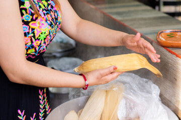 Unrecognizable woman with a traditional mexican tamal