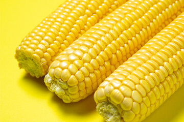 Peeled corn on a yellow background. Fresh raw corn. Healthy food