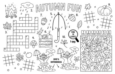 Vector autumn placemat for kids. Fall printable activity mat with maze, tic tac toe charts, connect the dots, find difference, crossword. Black and white play mat or coloring page with animals.