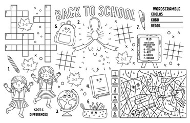 Vector back to school placemat for kids. Fall printable activity mat with maze, tic tac toe charts, connect the dots, crossword. Black and white autumn play mat or coloring page with teacher