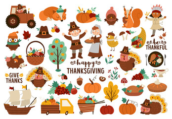 Vector Thanksgiving elements set. Autumn icons collection with funny pilgrims, native American, turkey, animals, harvest, cornucopia, pumpkins, trees. Fall holiday pack with car, tractor, fruit - obrazy, fototapety, plakaty