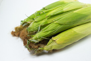 Ear of corn on a white background. Fresh corn on the cob. Healthy food