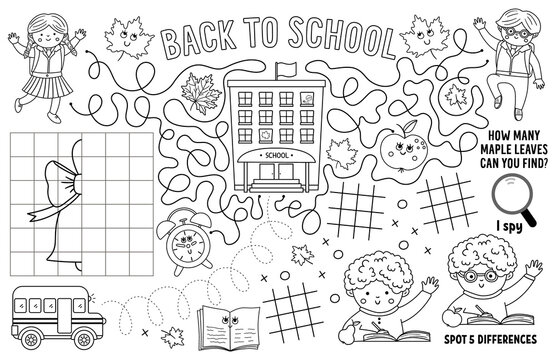 Vector back to school placemat for kids. Fall printable activity mat with maze, tic tac toe charts, connect the dots, crossword. Black and white autumn play mat or coloring page with teacher