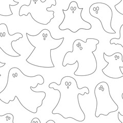 Vector black and white seamless pattern with vector ghosts. Outline Halloween party repeat background with funny spooks. Scary digital paper for Autumn Samhain party .