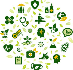 Alternative, natural or herbal medicine vector illustration. Green concept with icons related to natural medical therapy, herbal remedy or healing, organic therapeutics, ecological ingredients. - obrazy, fototapety, plakaty